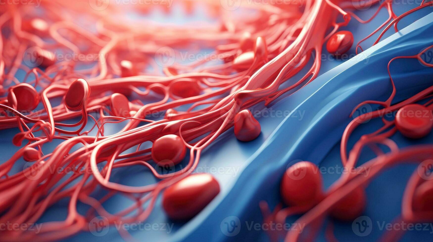 3D illustration mockup of the human organ systems, circulatory, digestive, red and white bloodcells wtih blurred backgroun. Medical education concept, Generative AI illustration photo