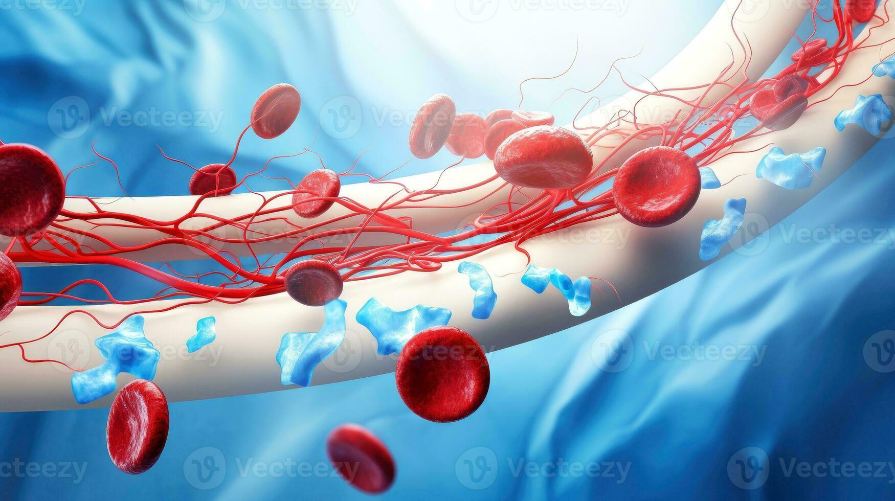 3d ilustración Bosquejo de el humano Organo sistemas, circulatorio, digestivo, rojo y blanco células de sangre con borroso fondo médico educación concepto, generativo ai ilustración foto