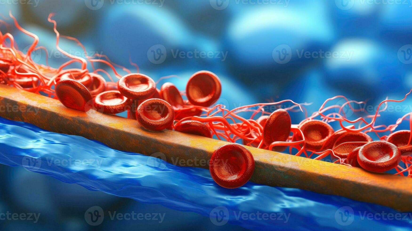 3d ilustración Bosquejo de el humano Organo sistemas, circulatorio, digestivo, rojo y blanco células de sangre con borroso fondo médico educación concepto, generativo ai ilustración foto