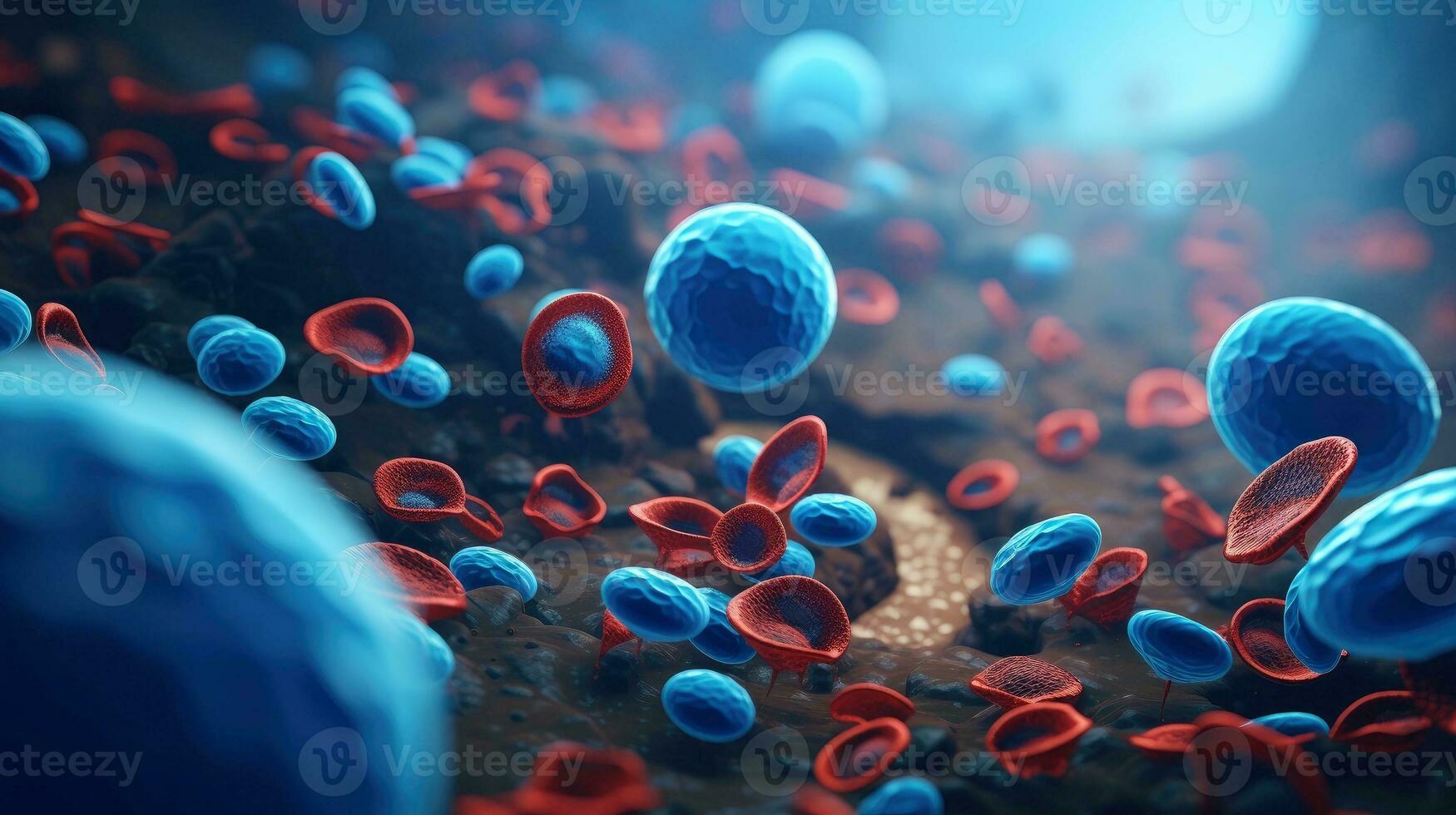 3d ilustración Bosquejo de el humano Organo sistemas, circulatorio, digestivo, rojo y blanco células de sangre con borroso fondo médico educación concepto, generativo ai ilustración foto