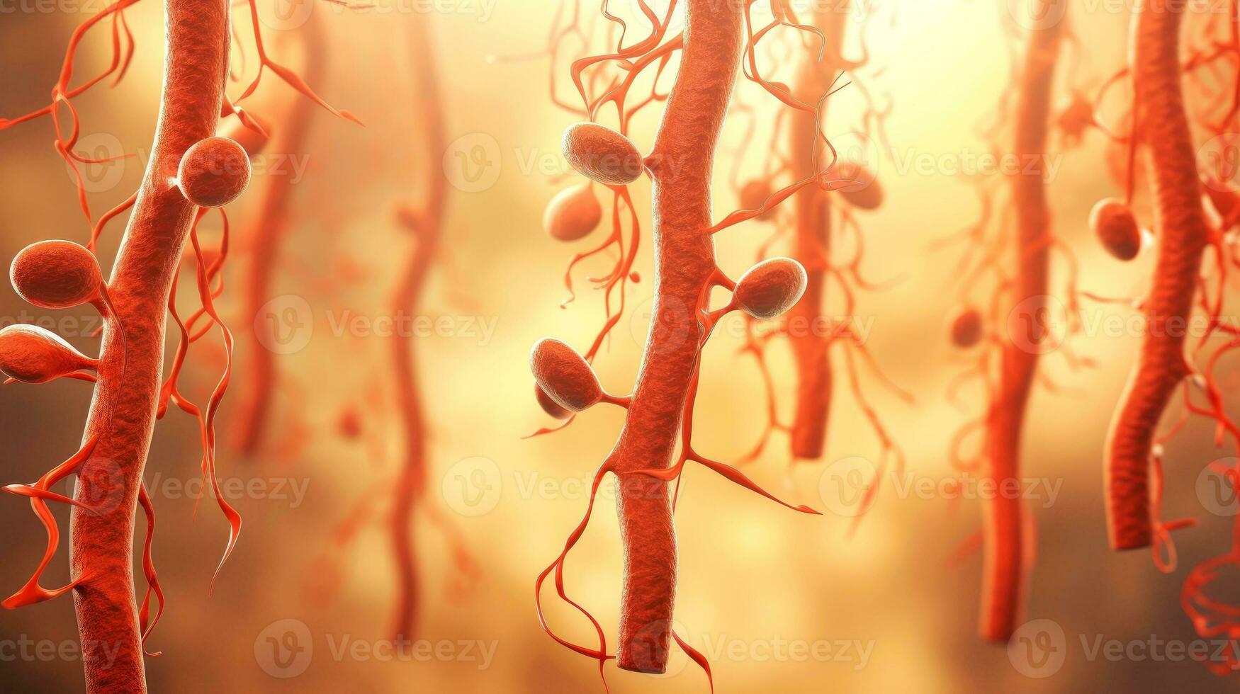3D illustration mockup of the human organ systems, circulatory, digestive, red and white bloodcells wtih blurred backgroun. Medical education concept, Generative AI illustration photo