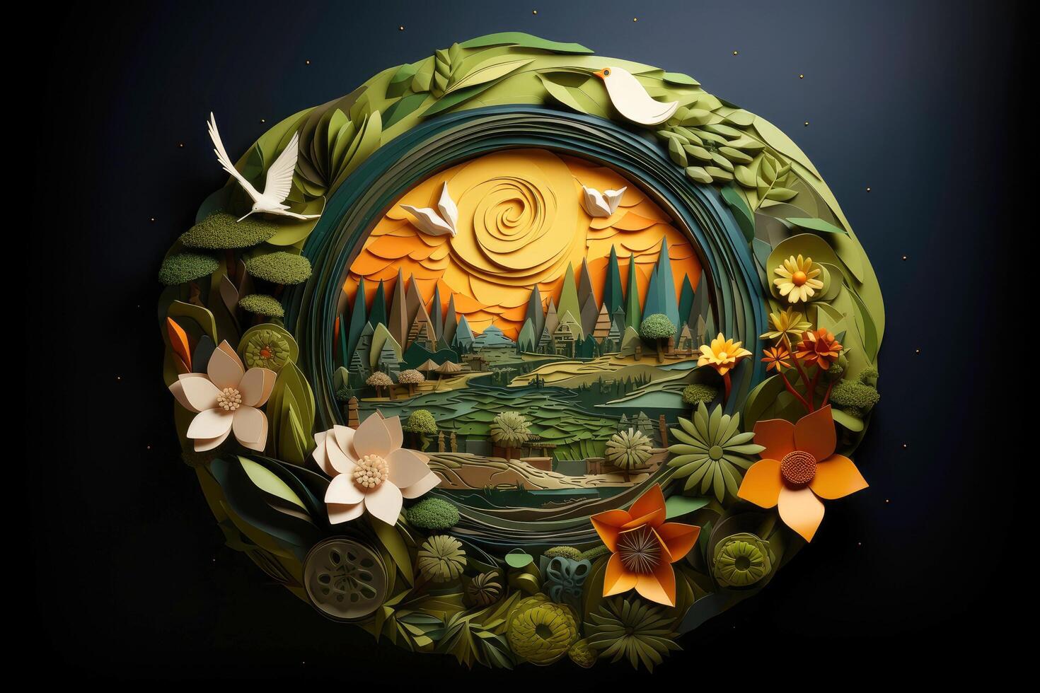 Ecosystem restoration, environment day concept tree background. Recycle icon paper cut banner with forest. Ecology project concept, illustration photo