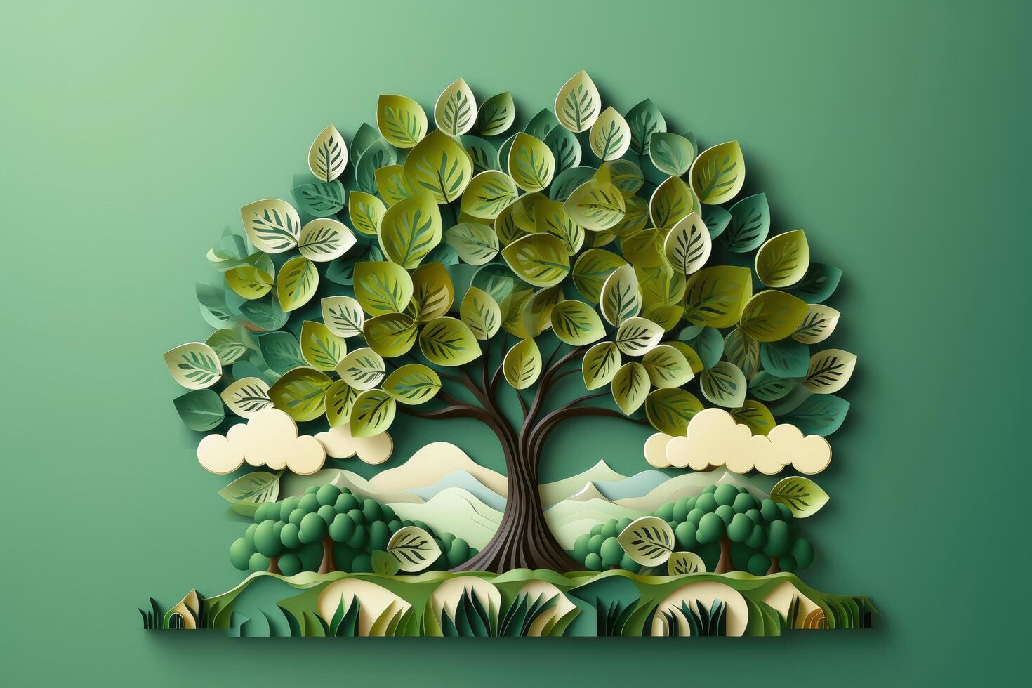 Ecosystem restoration, environment day concept tree background. Recycle icon paper cut banner with forest. Ecology project concept, illustration photo
