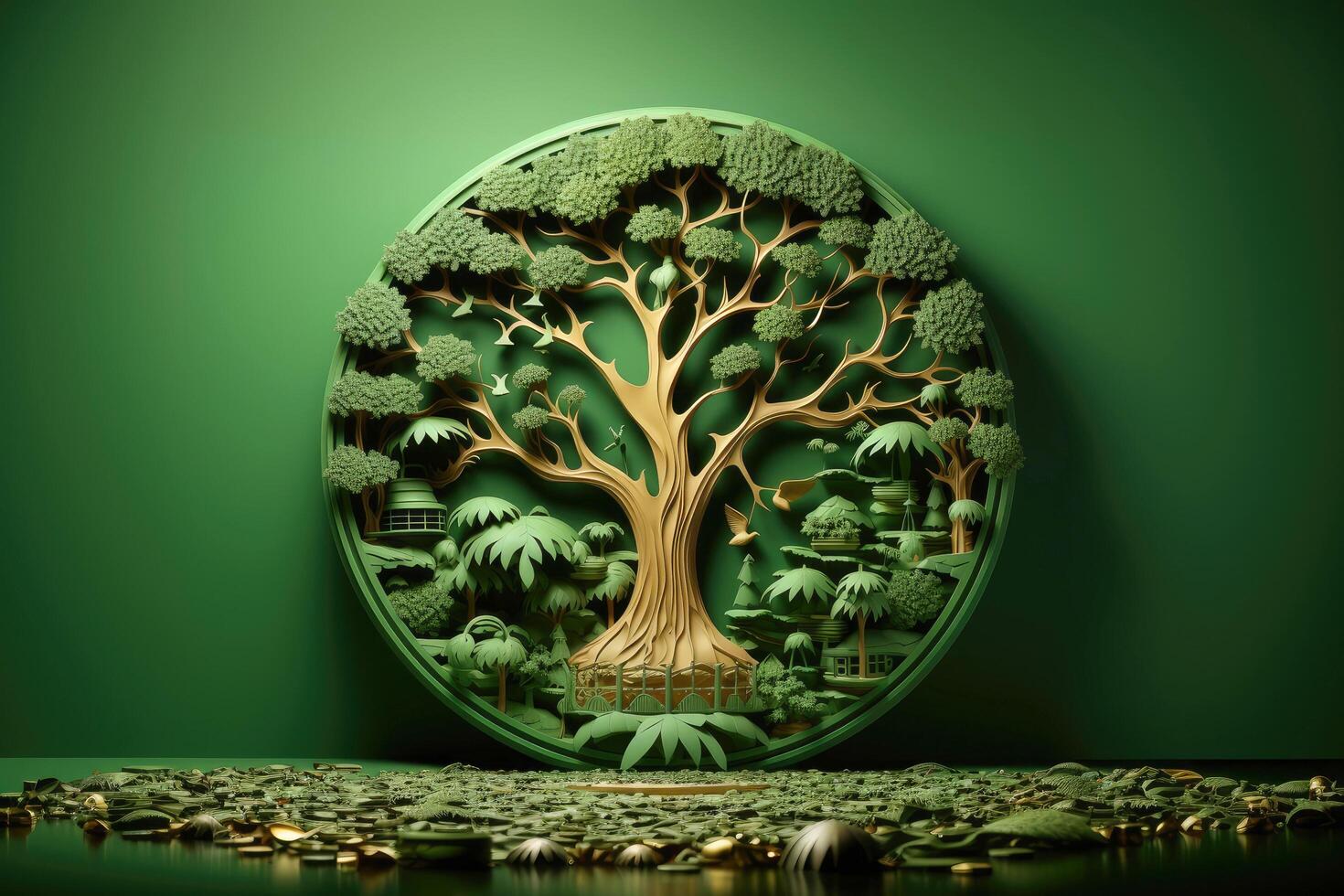 Ecosystem restoration, environment day concept tree background. Recycle icon paper cut banner with forest. Ecology project concept, illustration photo