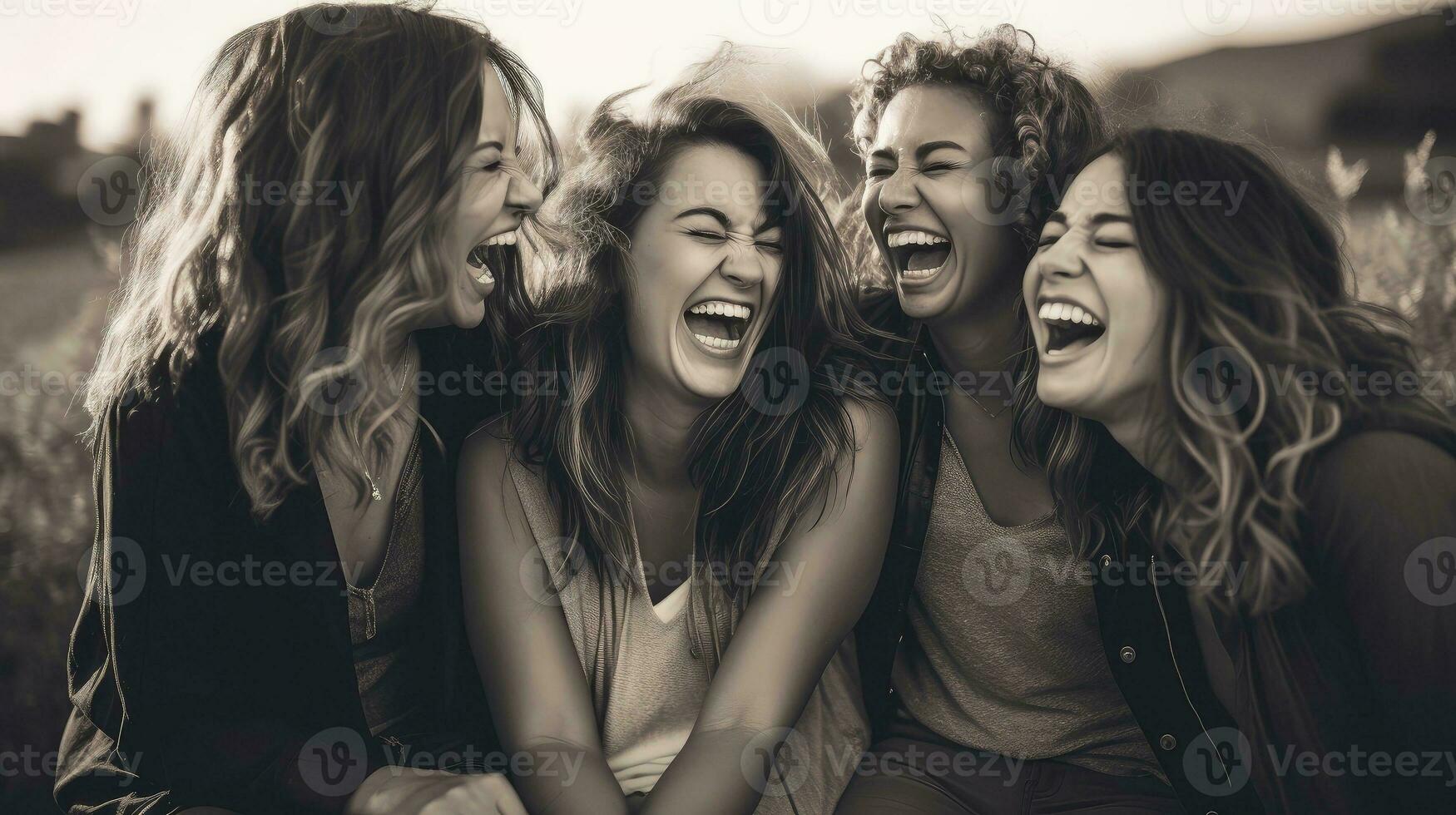 Group of happy friends and laughing, tourism, travel, peoplesharing good and positive mood, leisure and teenage concept, with blurred background, Generative AI illustration photo