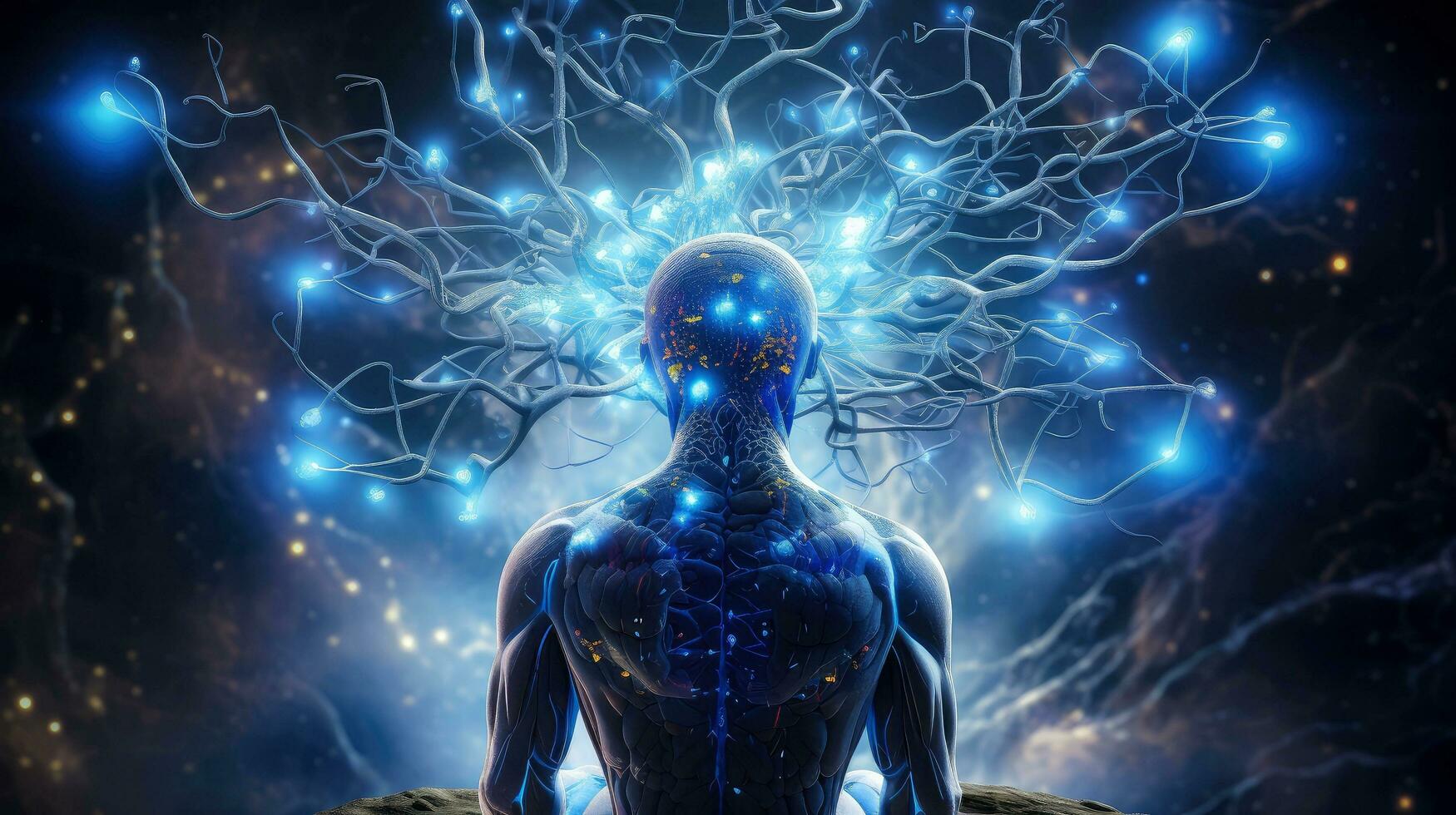 Illustration of thought energy . Head of person and neural network of brain with a problematic areas, Psychic waves concept, Generative AI illustration photo