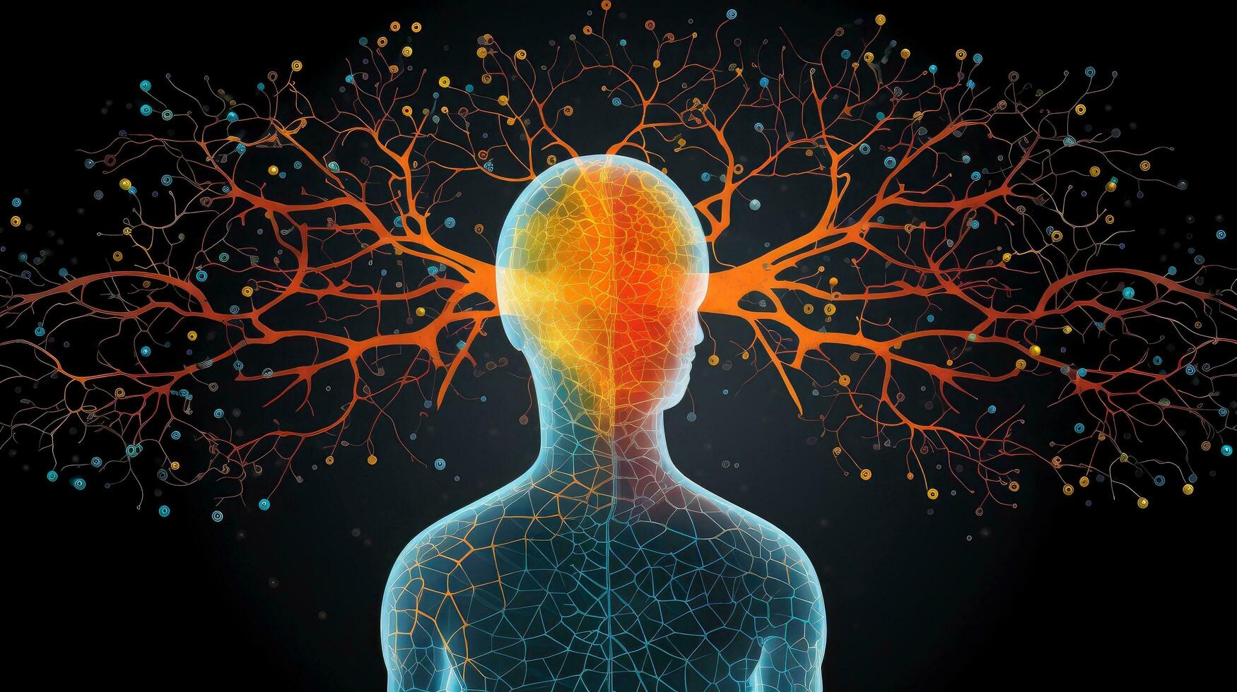 Head of person and neural network of brain with a problematic areas, Psychic waves concept, Generative AI illustration photo