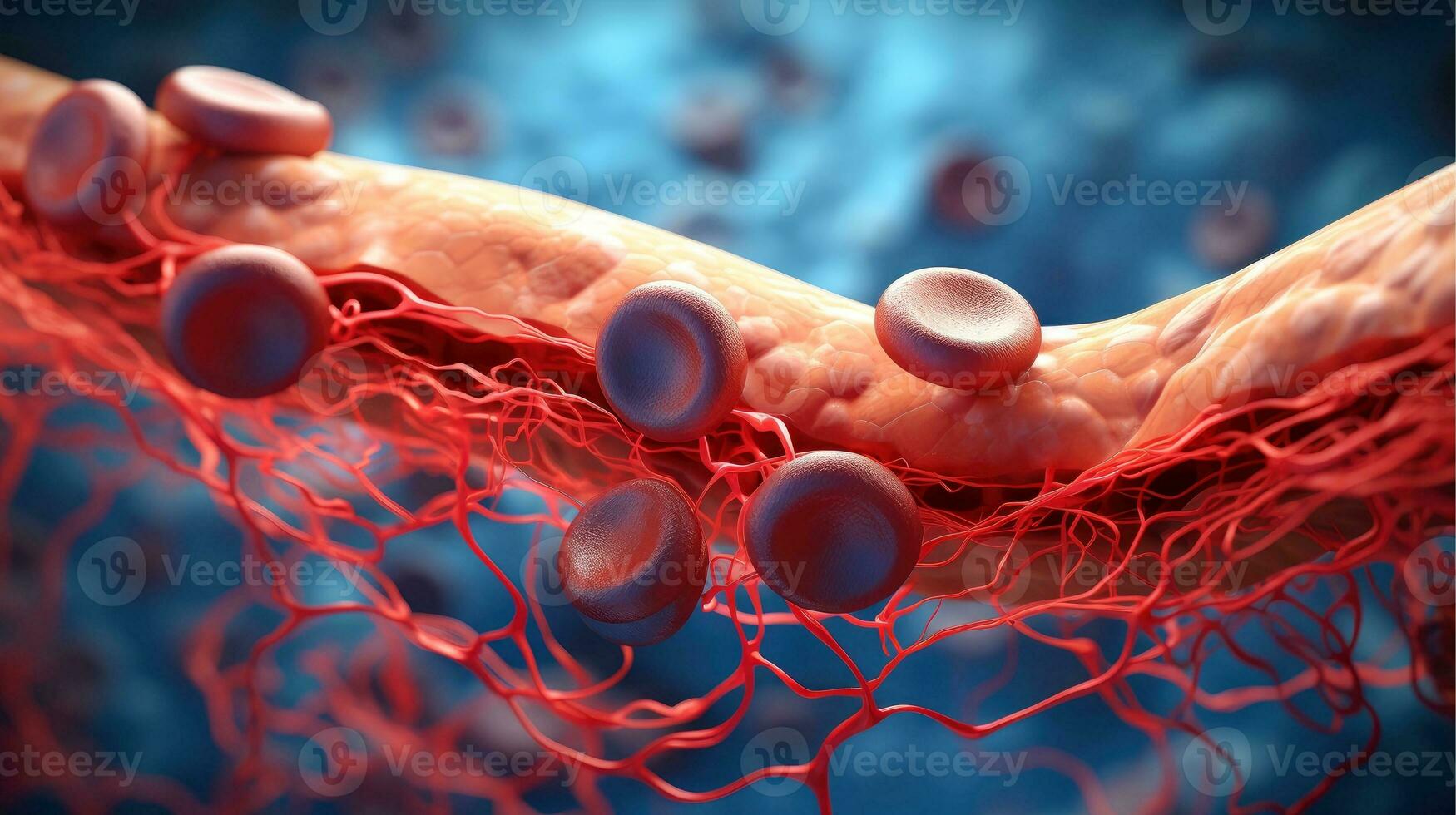 3d ilustración Bosquejo de el humano Organo sistemas, circulatorio, digestivo, rojo y blanco células de sangre con borroso fondo médico educación concepto, generativo ai ilustración foto