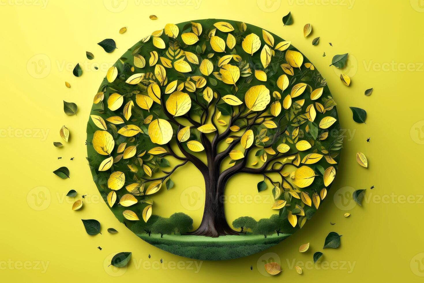 Ecosystem restoration, environment day concept tree background. Recycle icon paper cut banner with forest. Ecology project concept, illustration photo