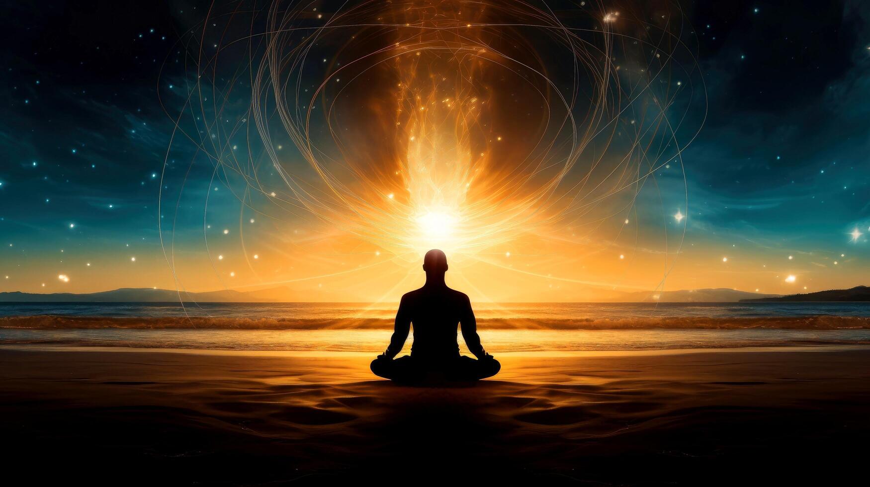 Man meditate, yoga. Psychic man considers mind and heart. Spirituality, esotericism, with bokeh defocused lights. universe, illustration photo