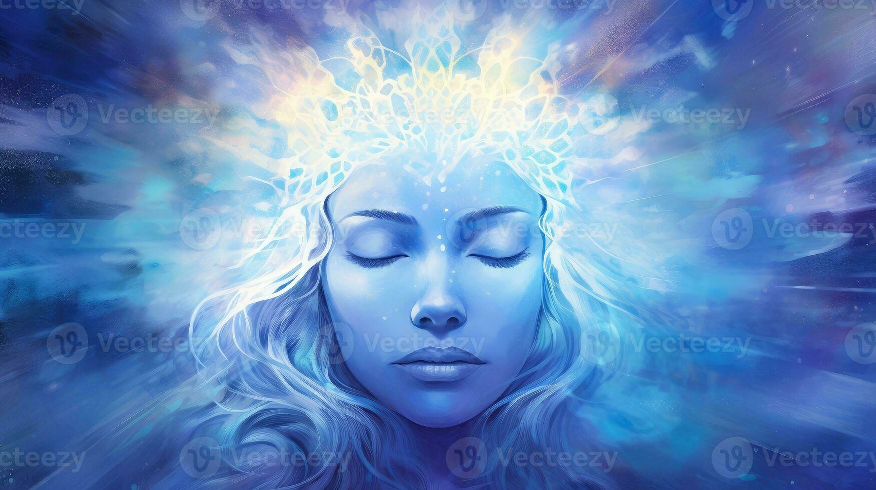 Illustration of woman sleeping and dreaming. Psychic girl considers mind and heart, spirituality, esotericism. Psychic waves concept, Generative AI illustration photo