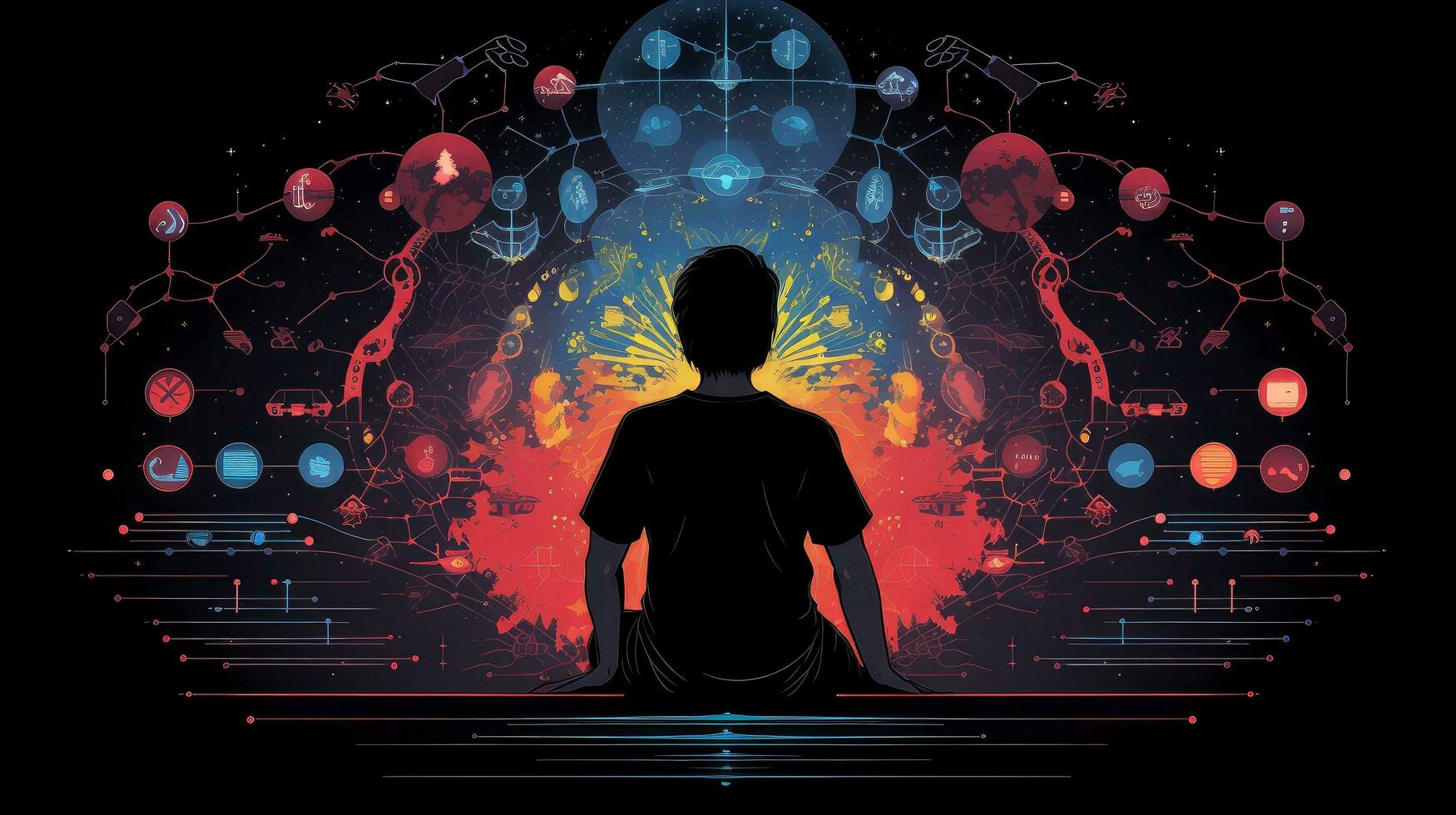 humano meditar, yoga. psíquico humano considera mente y corazón. espiritualidad, esoterismo, con bokeh desenfocado luces. universo, psíquico olas concepto, generativo ai ilustración foto