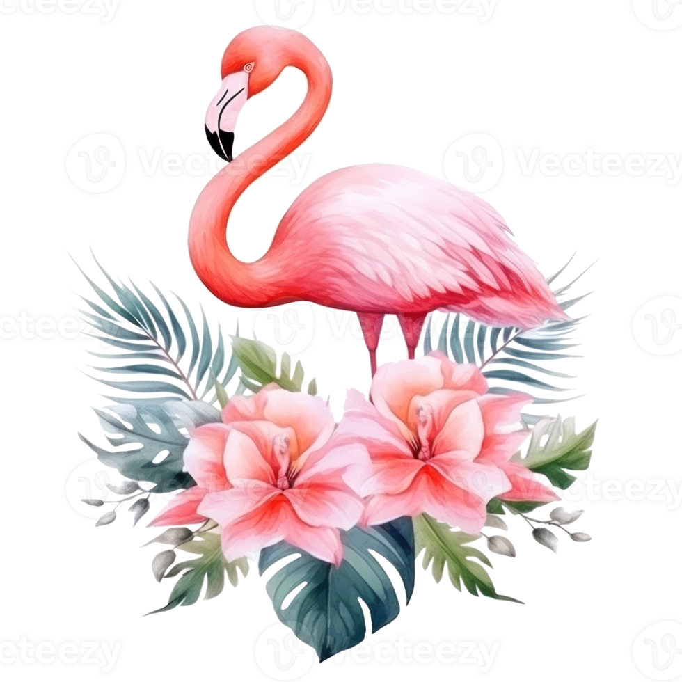 Cute watercolor flamingo with tropical flowers isolated png