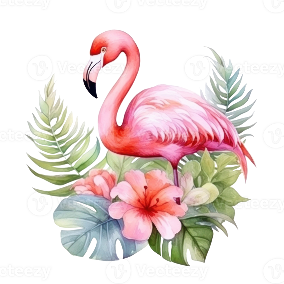 Cute watercolor flamingo with tropical flowers isolated png