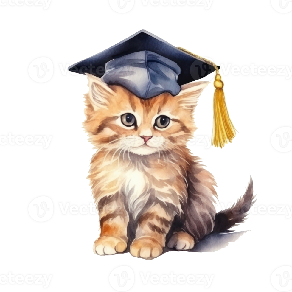 Cute watercolor cat in graduarion cap isolated png