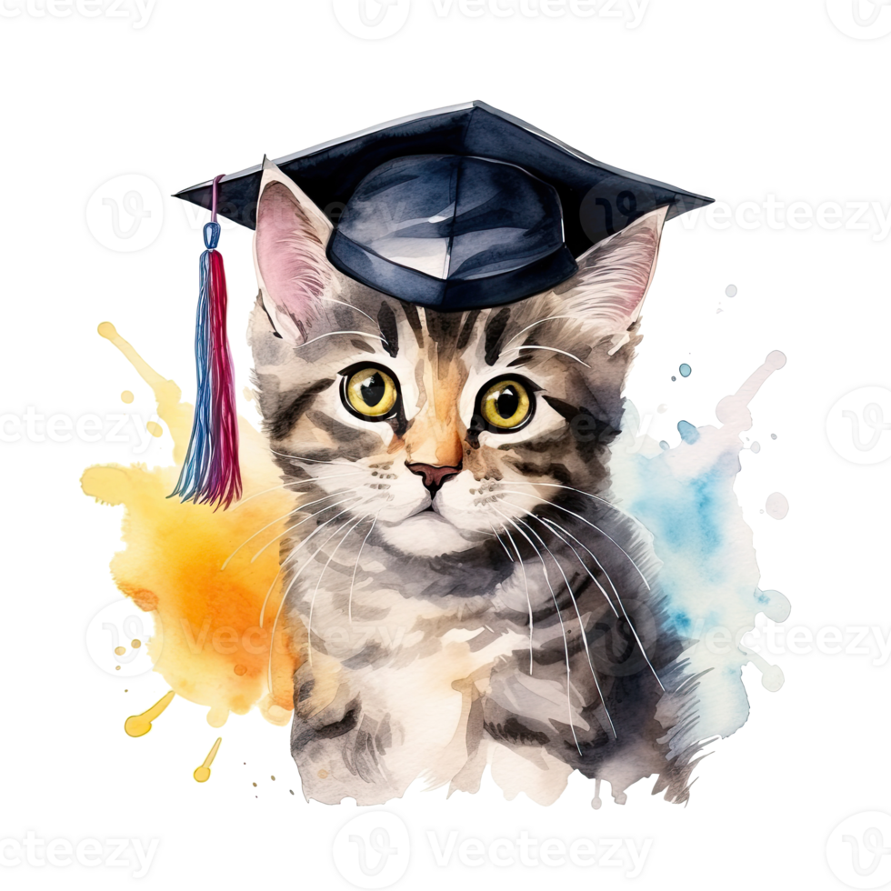 Cute watercolor cat in graduarion cap isolated png