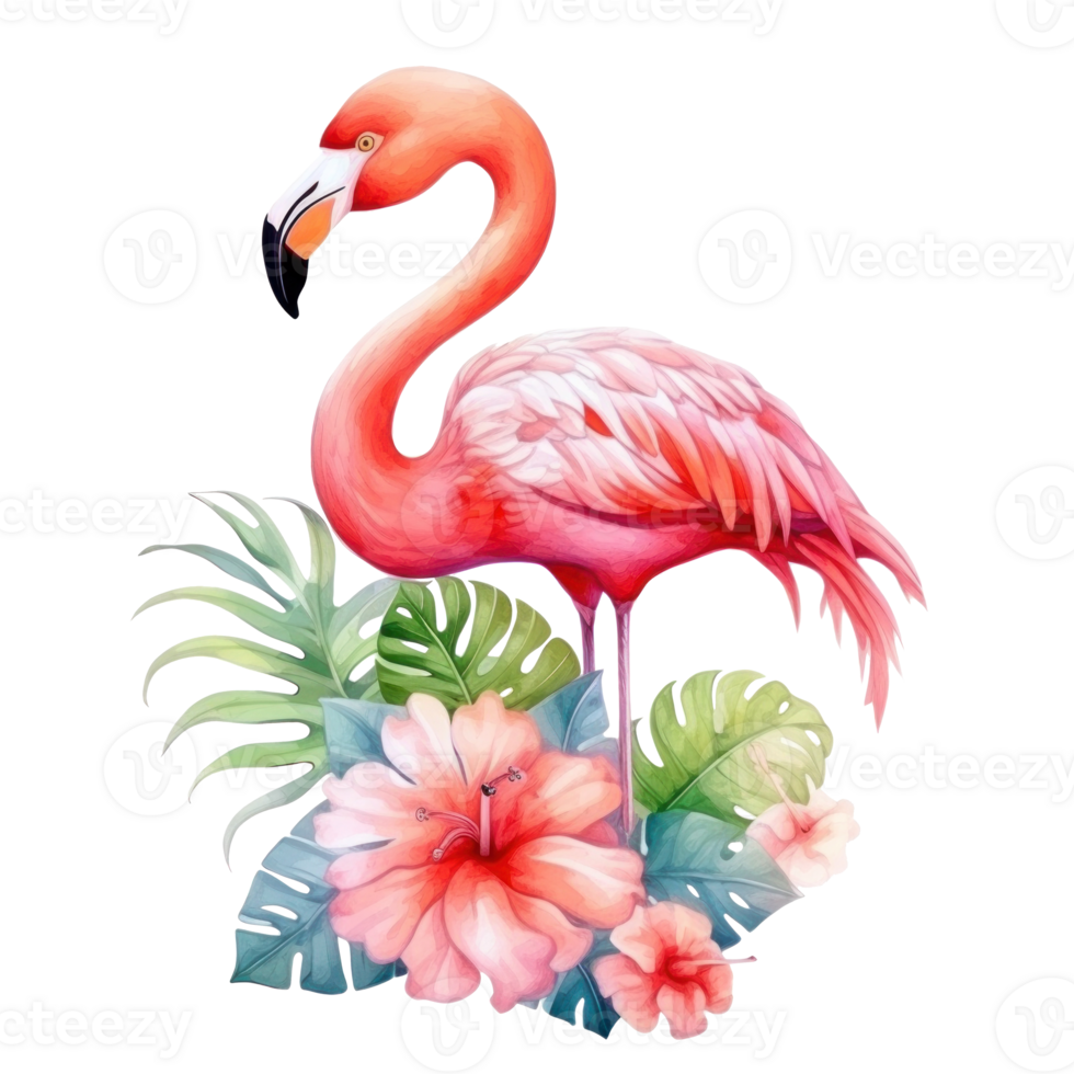 Cute watercolor flamingo with tropical flowers isolated png