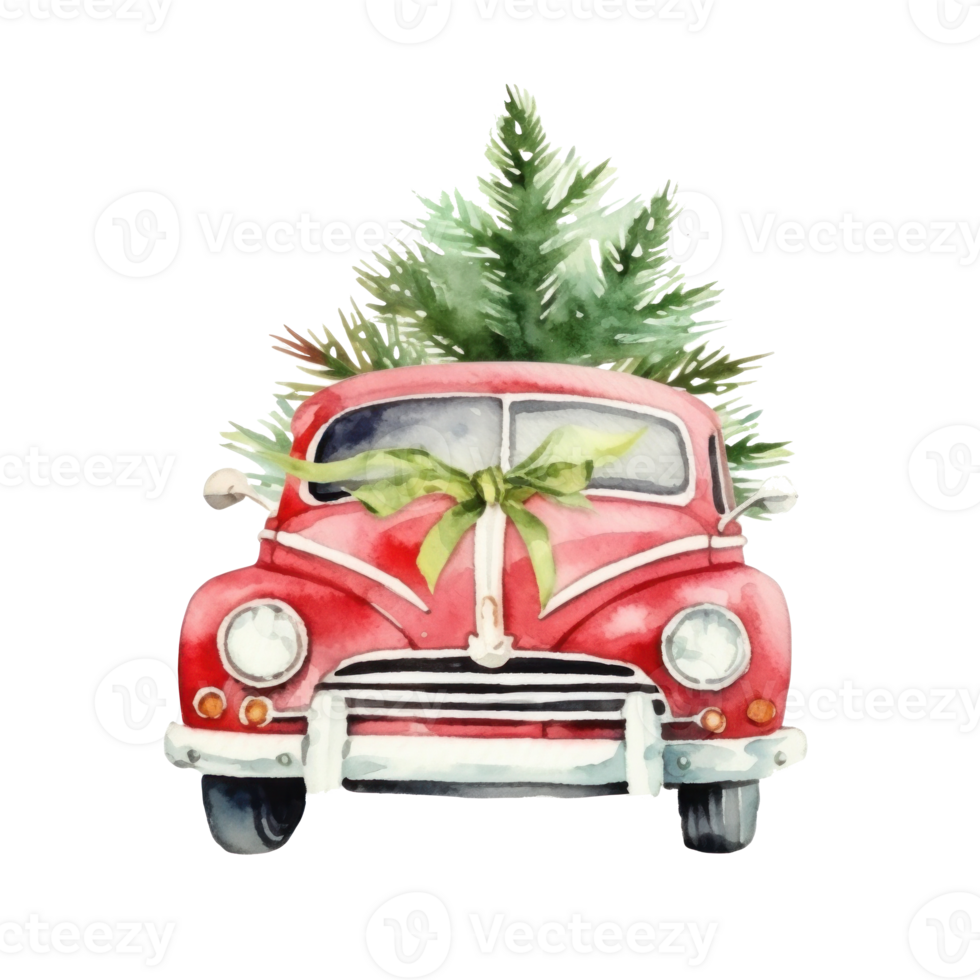 Cute christmas watercolor red retro car with christmas tree lies on it isolated png