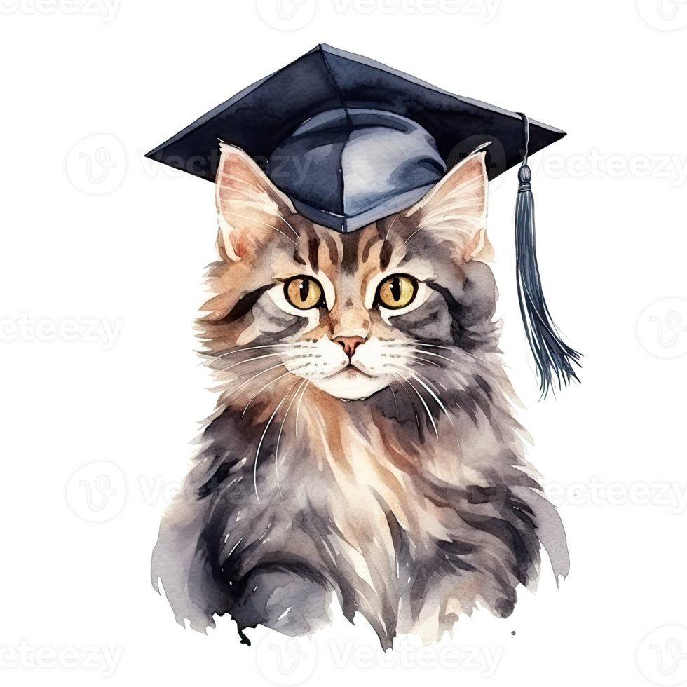 Cute watercolor cat in graduarion cap isolated png