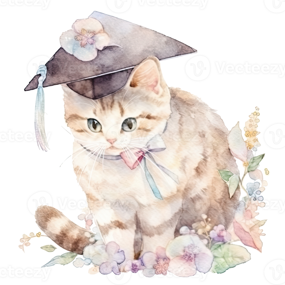 Cute watercolor cat in graduarion cap isolated png