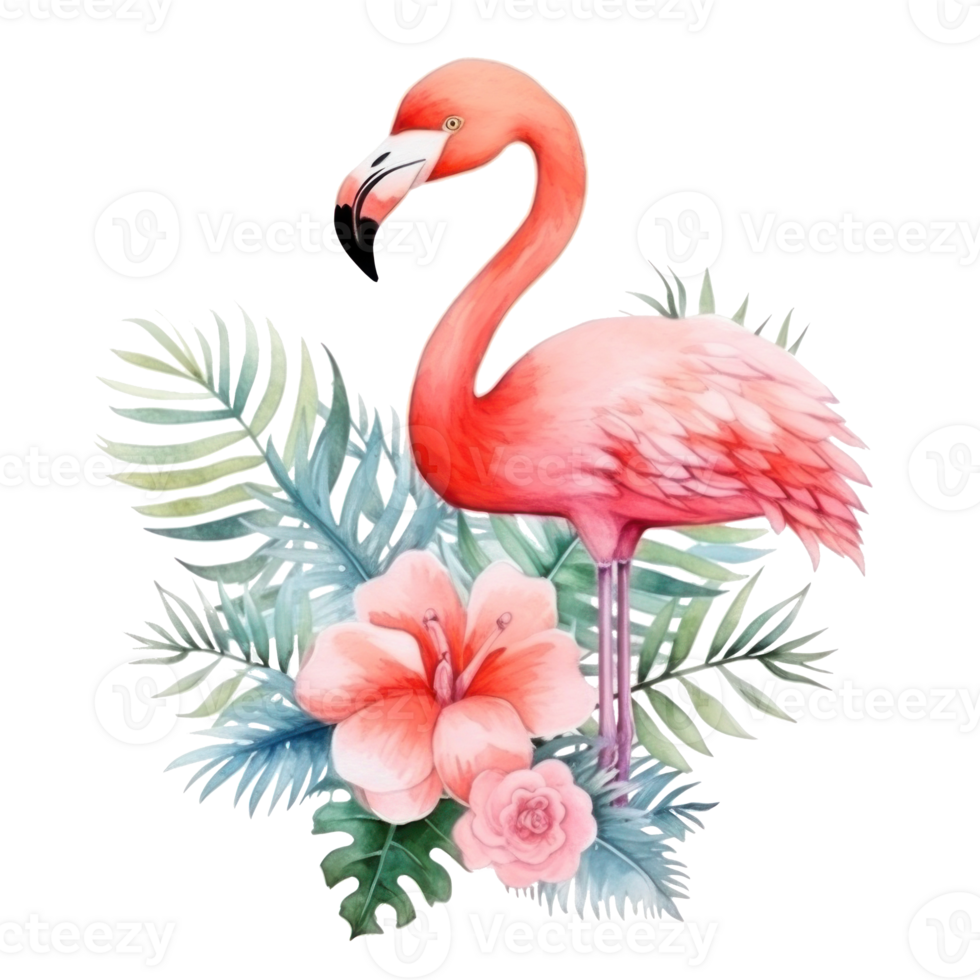 Cute watercolor flamingo with tropical flowers isolated png