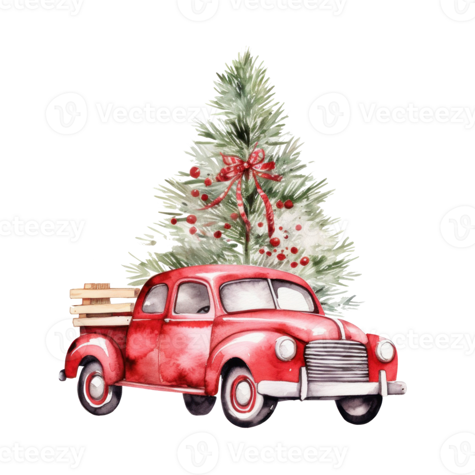 Cute christmas watercolor red retro car with christmas tree lies on it isolated png