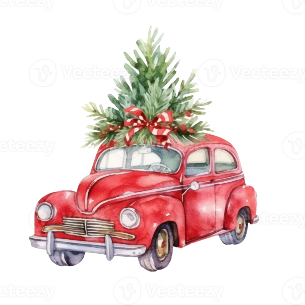 Cute christmas watercolor red retro car with christmas tree lies on it isolated png