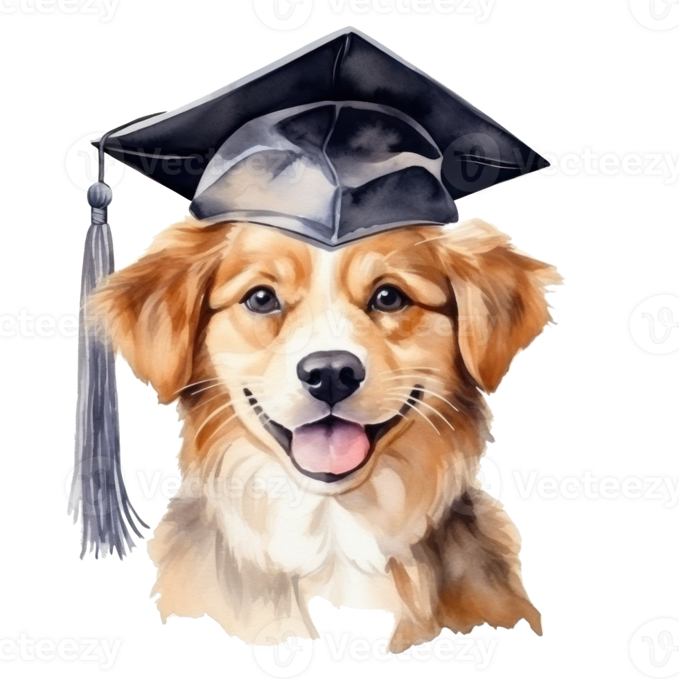 Cute watercolor dog in graduarion cap isolated png