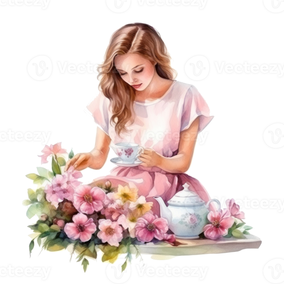 Watercolor teapot with flowers isolated png