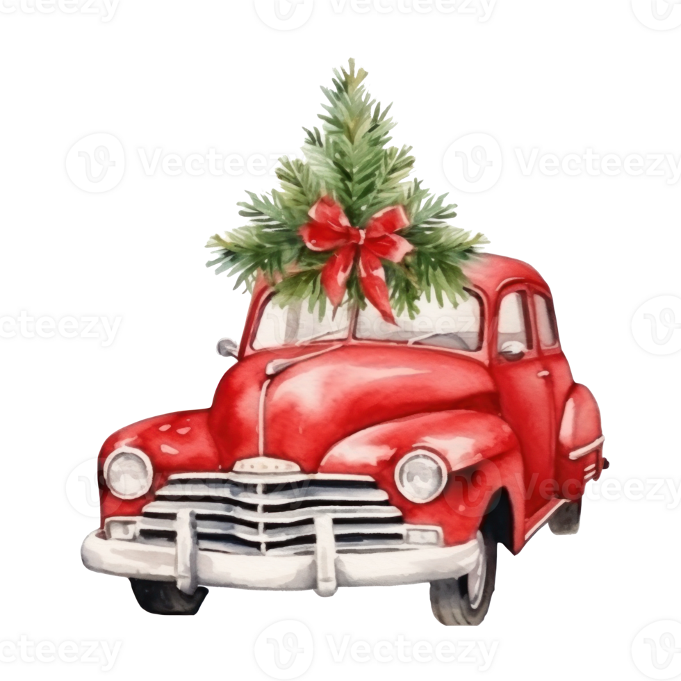 Cute christmas watercolor red retro car with christmas tree lies on it isolated png