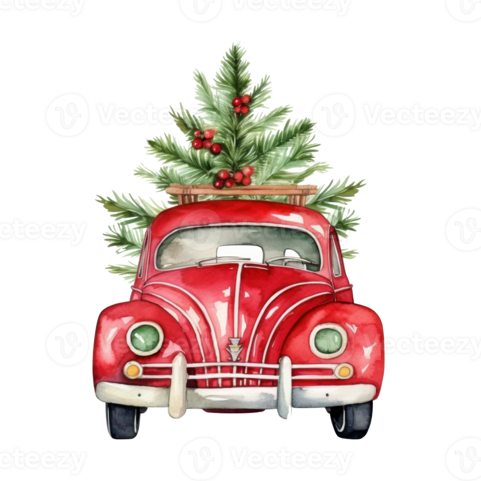 Cute christmas watercolor red retro car with christmas tree lies on it isolated png