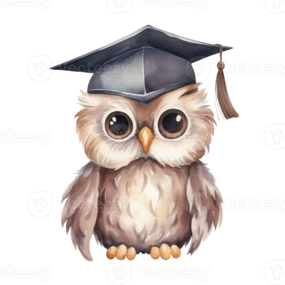 Cute watercolor owl in graduarion cap isolated png