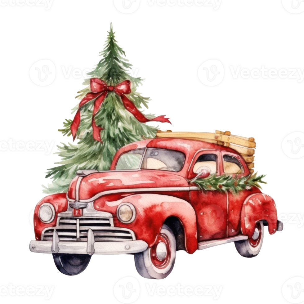 Cute christmas watercolor red retro car with christmas tree lies on it isolated png