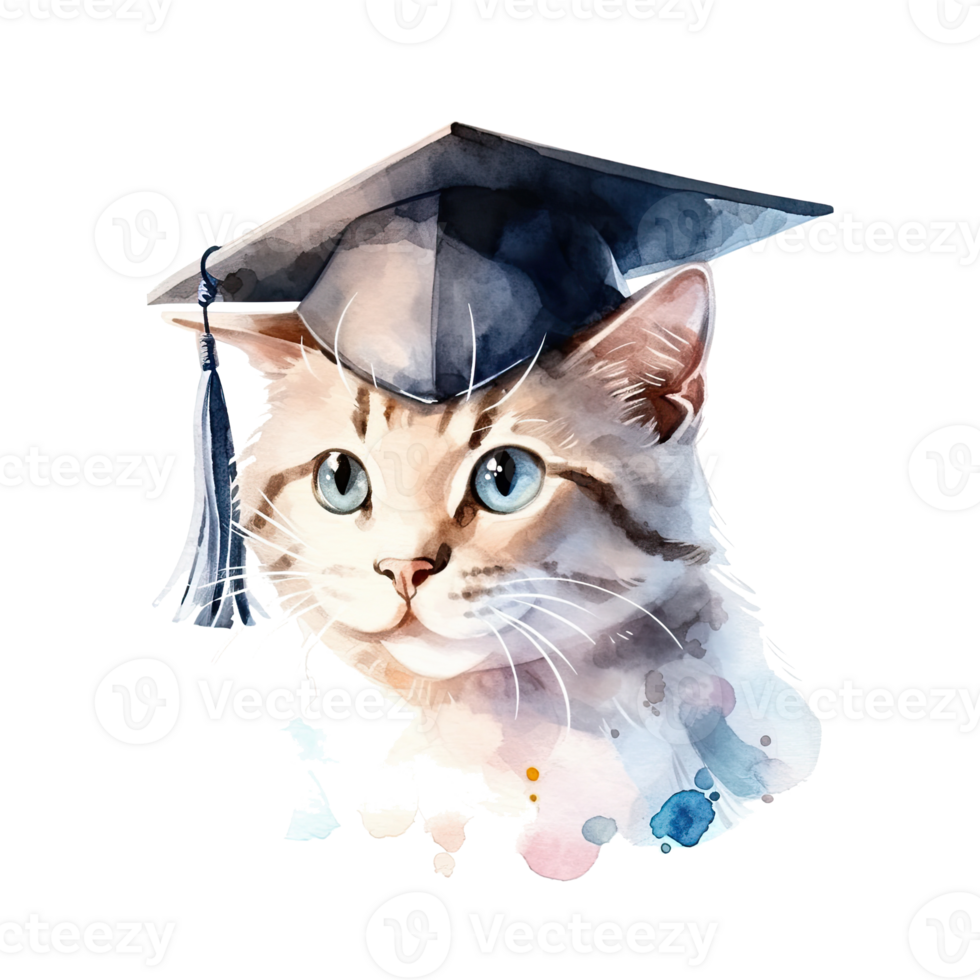 Cute watercolor cat in graduarion cap isolated png