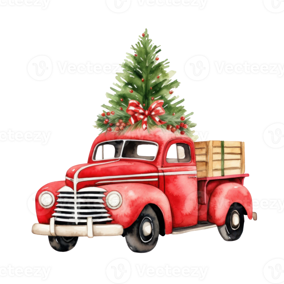 Cute christmas watercolor red retro car with christmas tree lies on it isolated png