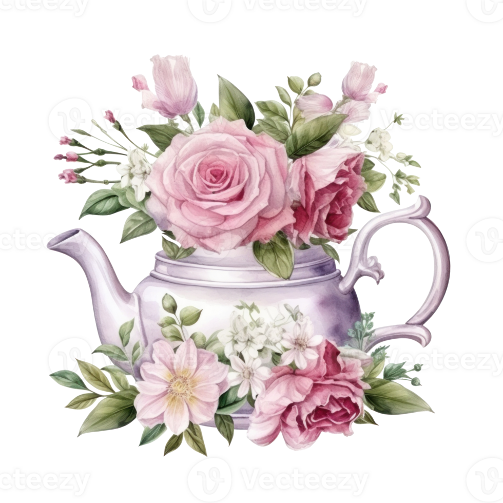 Watercolor teapot with flowers isolated png