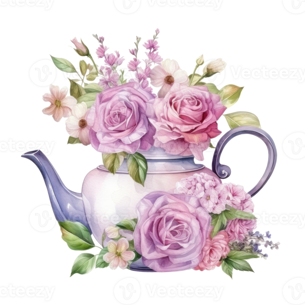 Watercolor teapot with flowers isolated png