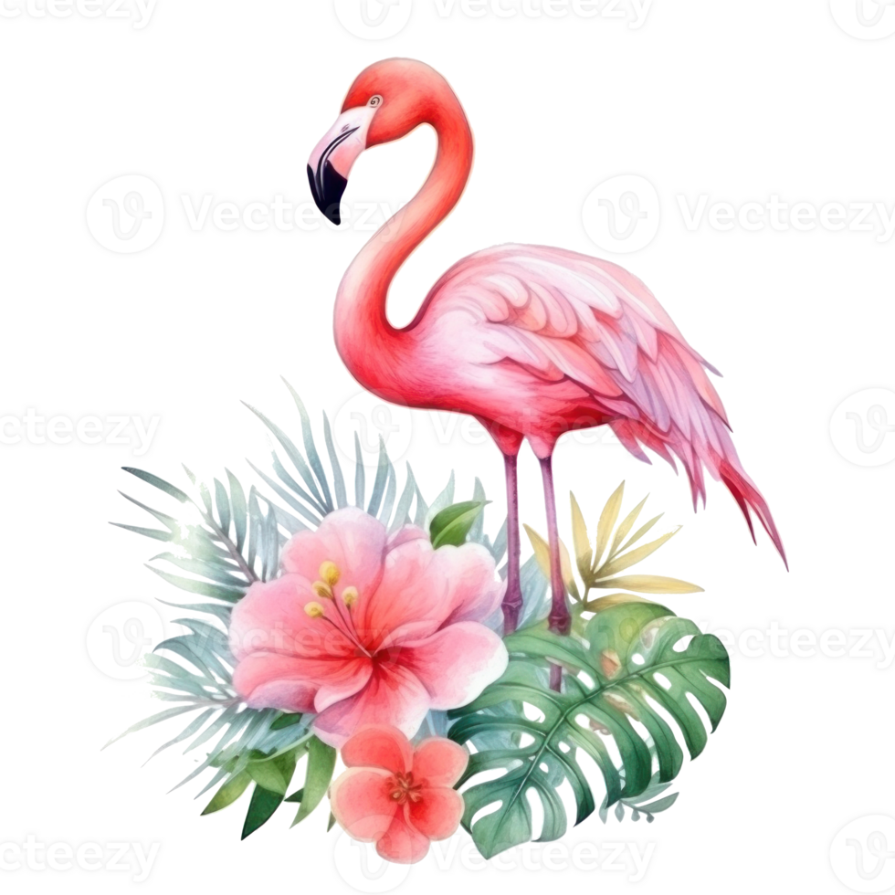 Cute watercolor flamingo with tropical flowers isolated png
