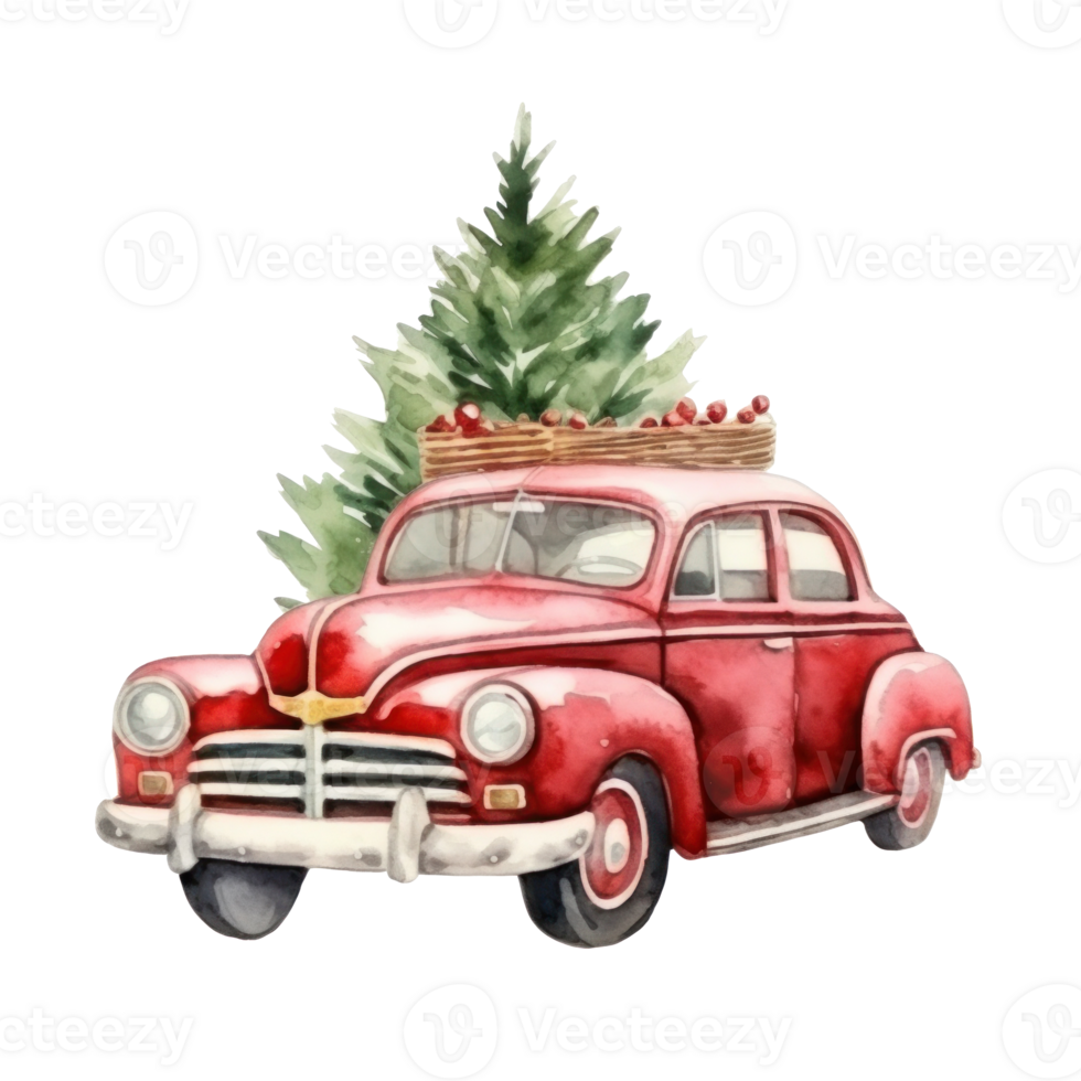 Cute christmas watercolor red retro car with christmas tree lies on it isolated png