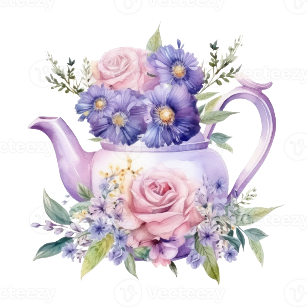 Watercolor teapot with flowers isolated png