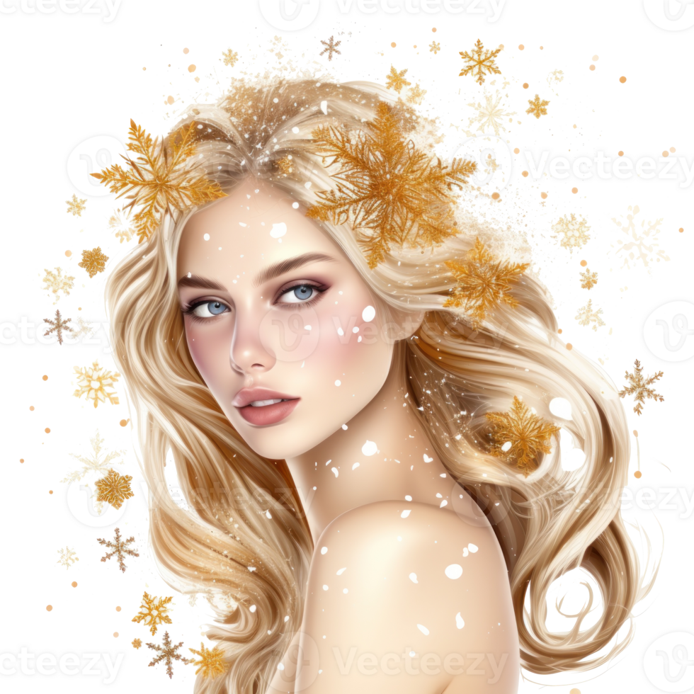 Beauty girl with golden snowflakes png