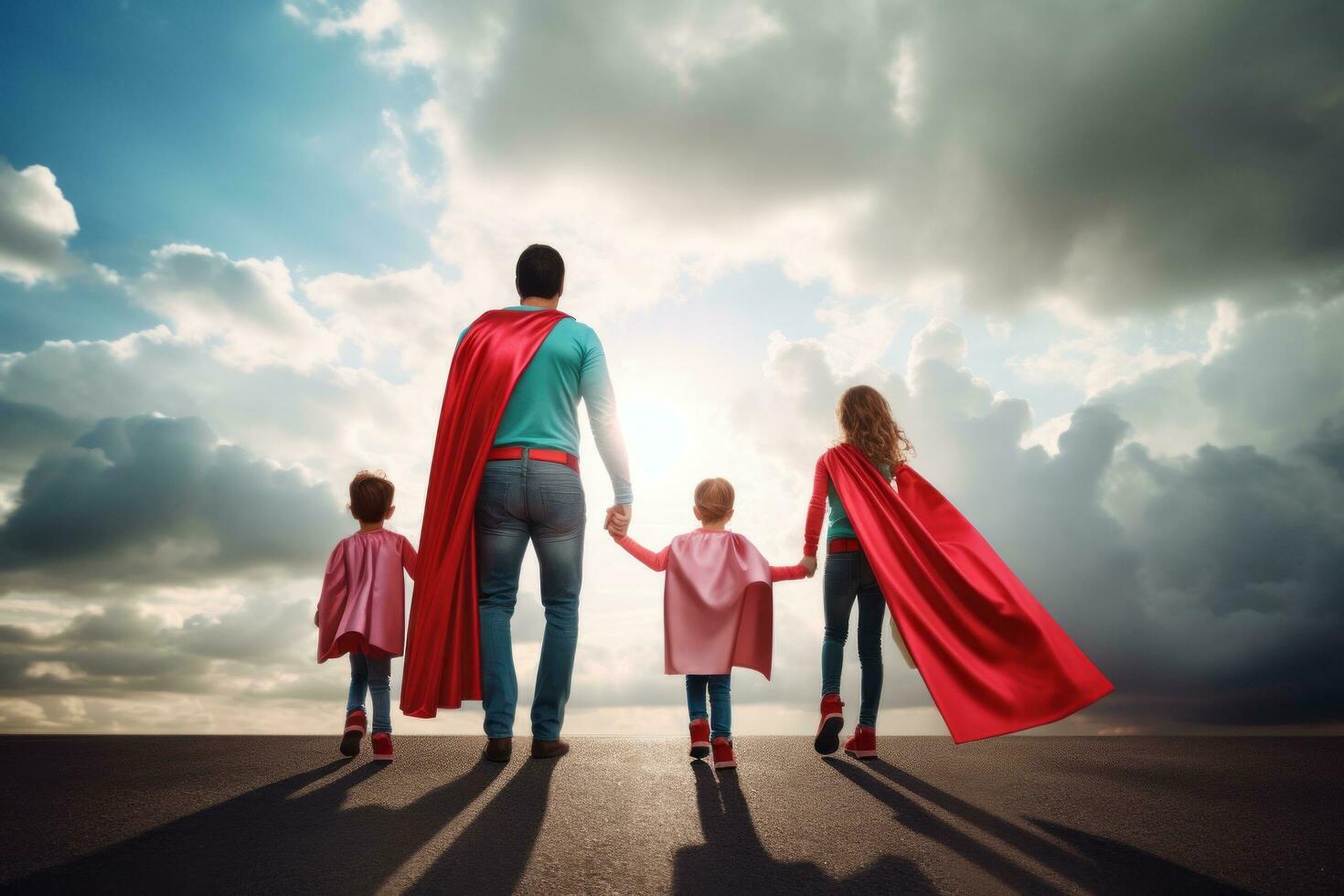 Dad with sons and daughter in superhero costume photo