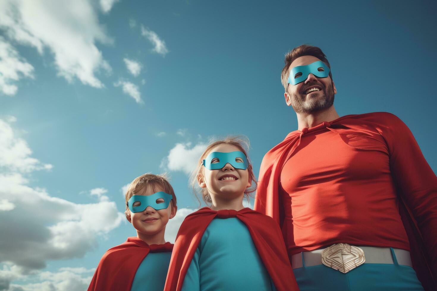 papá con hijos y hija en superhéroe disfraz foto