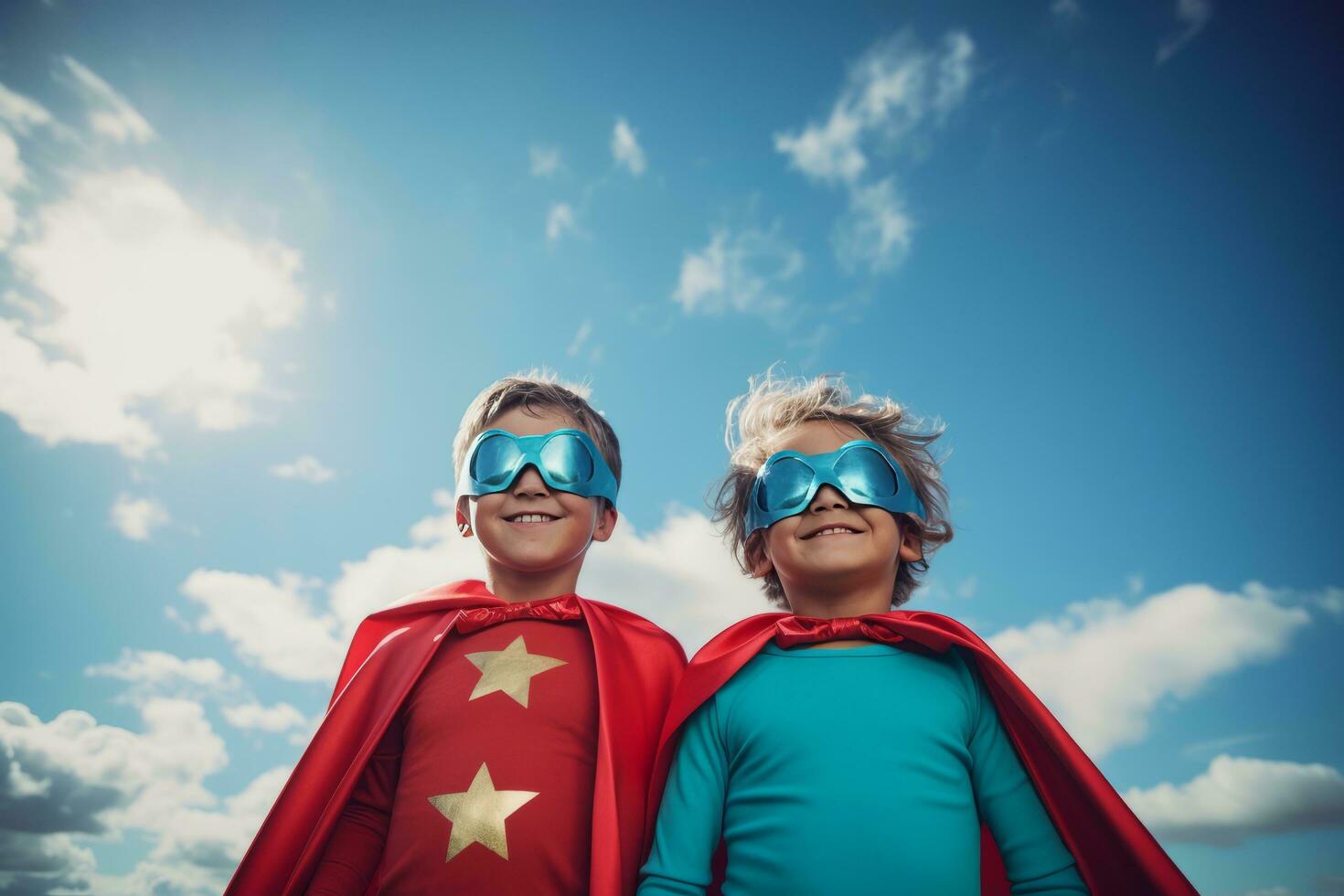 Dad with sons and daughter in superhero costume photo