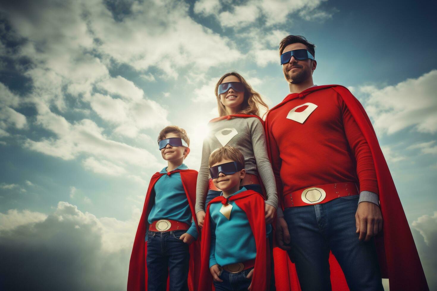 Dad with sons and daughter in superhero costume photo