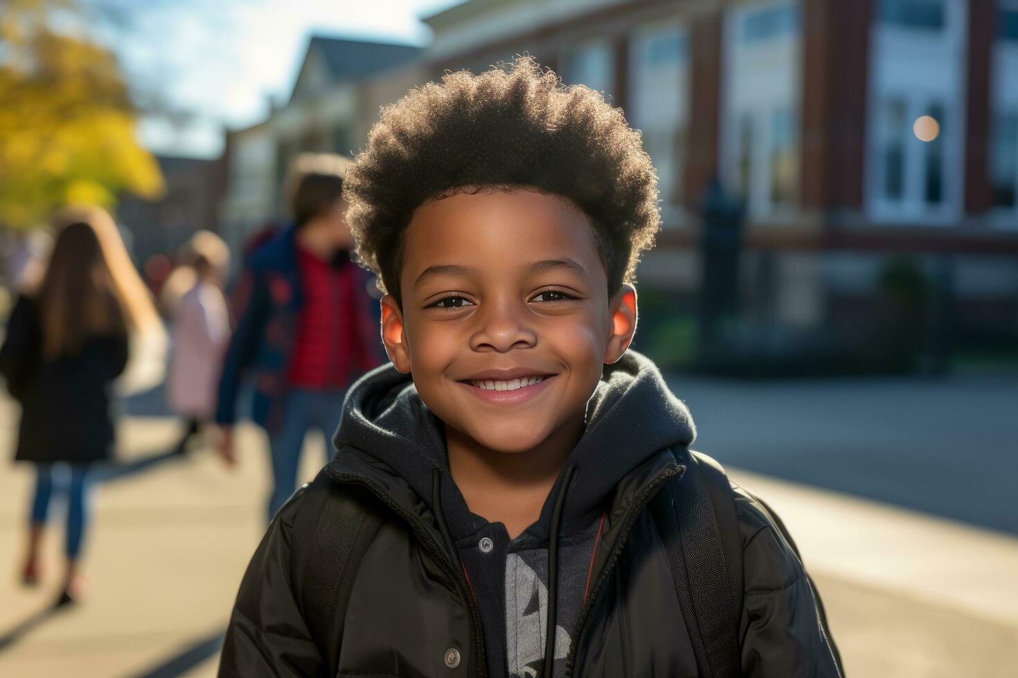 A happy child in black walking into school photo