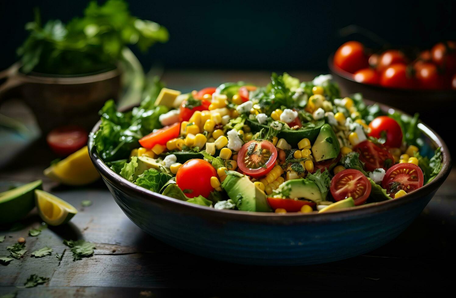 A bowl of salad with ripened tomatoes, corn and greens photo