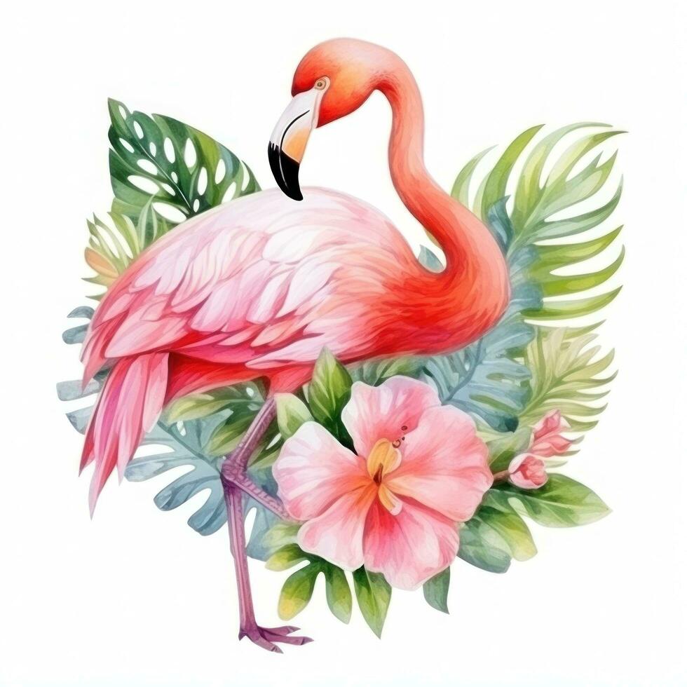 Cute watercolor flamingo with tropical flowers isolated photo