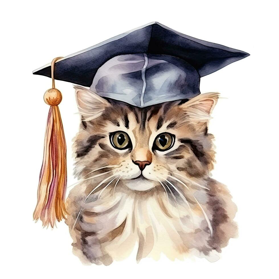 Cute watercolor cat in graduarion cap isolated photo