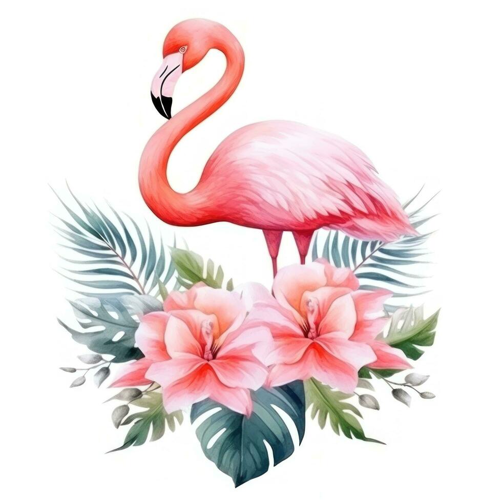 Cute watercolor flamingo with tropical flowers isolated photo